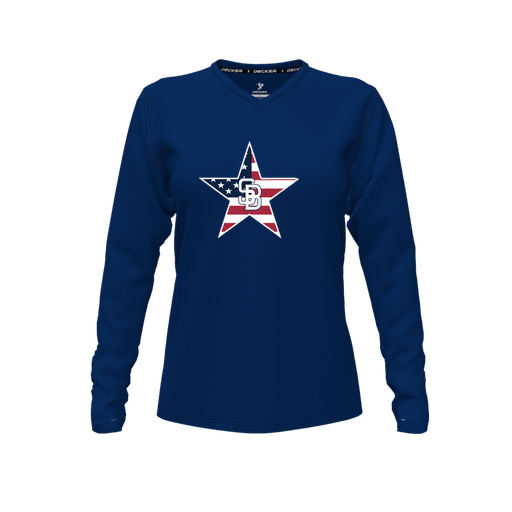 [FTLVCFNV-FYXS-LOGO1] Decker Comfort T-Shirt (Female Youth XS, Navy, V Neck, Logo 1, Long Sleeve)