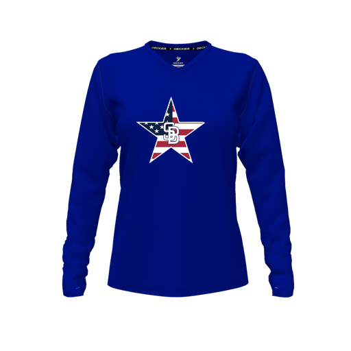 [CUS-DFW-TEES-CMF-VNK-LSL-RYL-FYXS-LOGO1] Decker Comfort T-Shirt (Female Youth XS, Royal, V Neck, Logo 1, Long Sleeve)