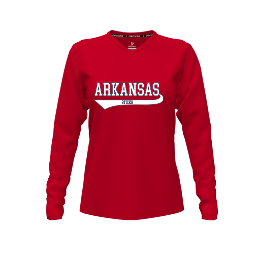 [CUS-DFW-TEES-CMF-VNK-LSL-RED-FYXS-LOGO2] Decker Comfort T-Shirt (Female Youth XS, Red, V Neck, Logo 2, Long Sleeve)