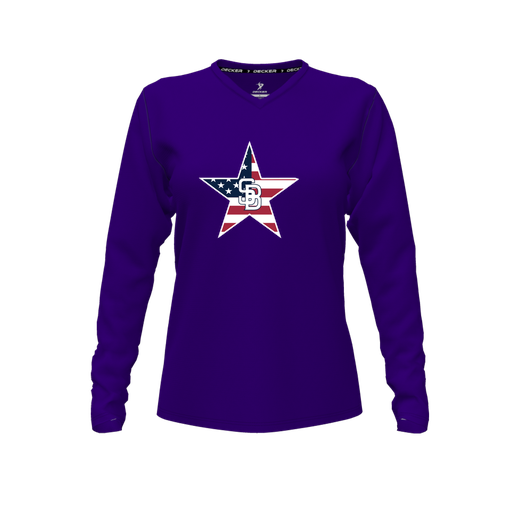 [CUS-DFW-TEES-CMF-VNK-LSL-PUR-FYXS-LOGO1] Decker Comfort T-Shirt (Female Youth XS, Purple, V Neck, Logo 1, Long Sleeve)